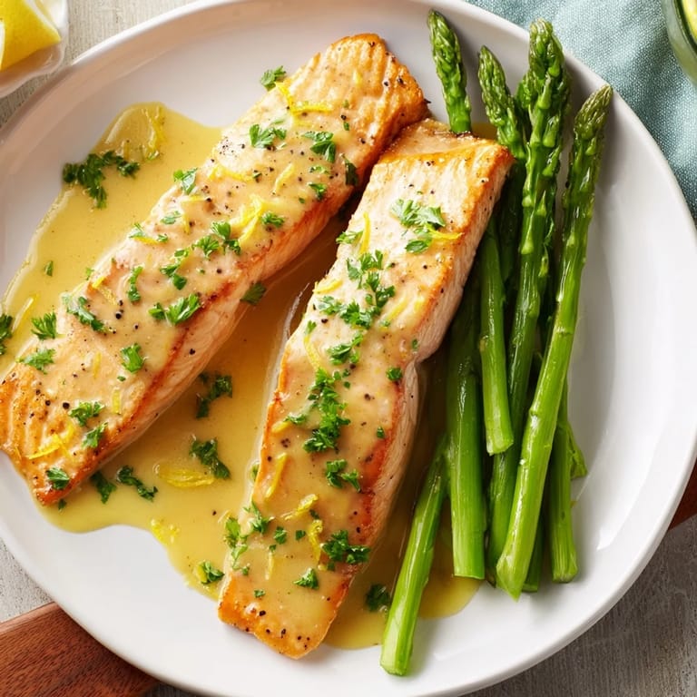 Golden-seared Skillet Lemon-Butter Salmon with asparagus; imagine the flaky texture and bright citrus.