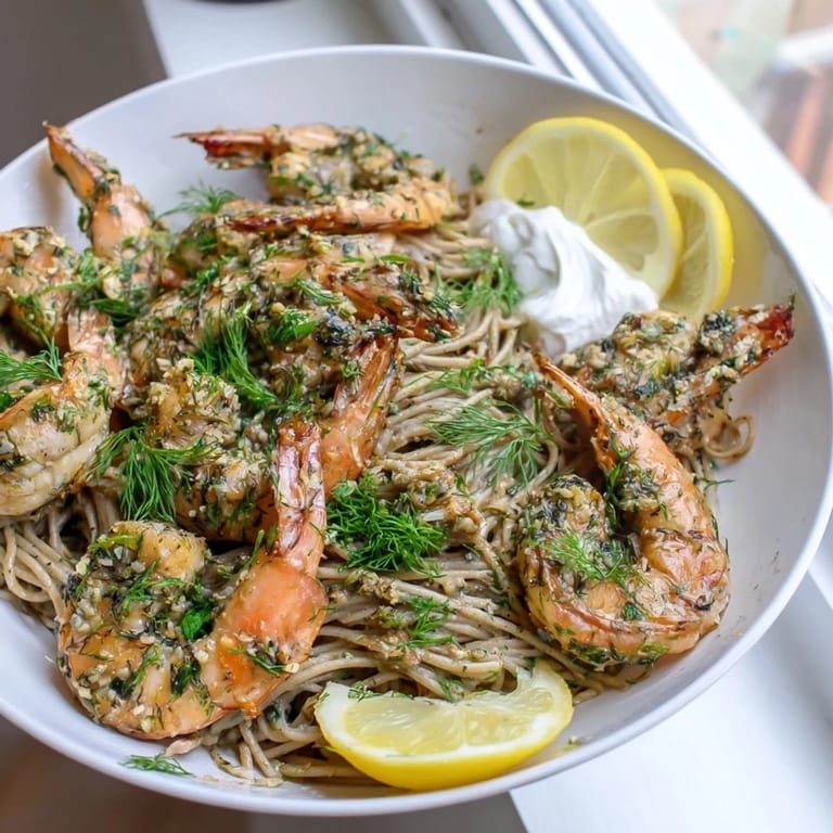 A close-up of delicious Lemon Herb Shrimp Scampi features glistening shrimp coated in a vibrant lemon sauce. 