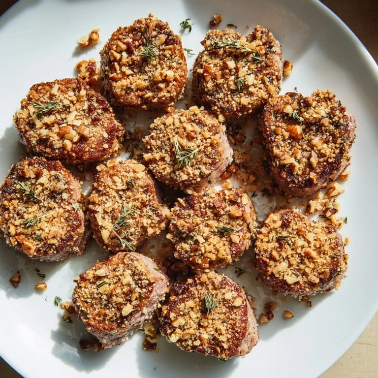Sliced and steaming, the Thyme and Pecan Crusted Pork Tenderloin rests before serving with roasted vegetables.