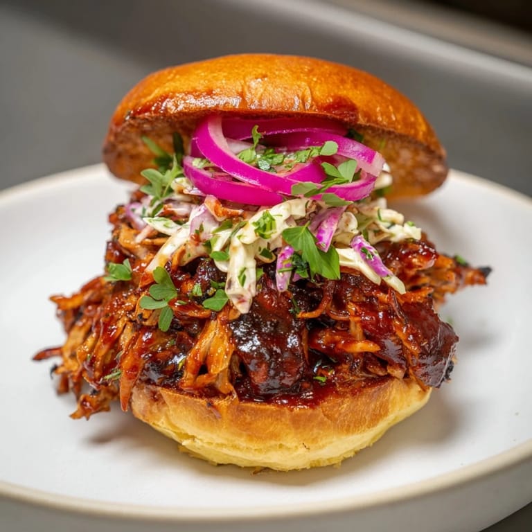 Juicy fire-kissed BBQ Pulled Pork Sandwiches with crispy edges, ready to enjoy alongside tangy coleslaw.