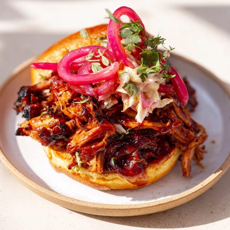 This photo features the delicious Fire-Kissed BBQ Pulled Pork Sandwiches piled with fresh herbs and glistening BBQ sauce.