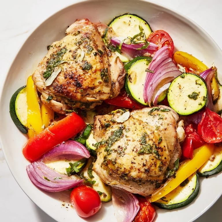 A flavorful sheet pan dinner photo with perfectly roasted basil-soft chicken and vibrant vegetables, ready to serve.