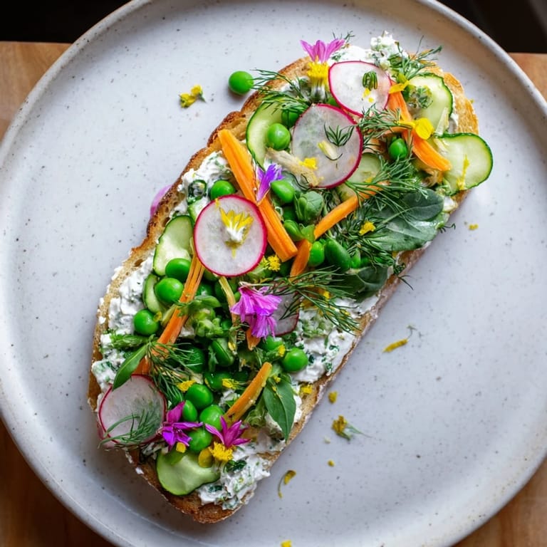 Enjoy a delightful view: a close-up of the beautiful Fresh Meadow-Inspired Garden Vegetable Tartines, ready to eat!
