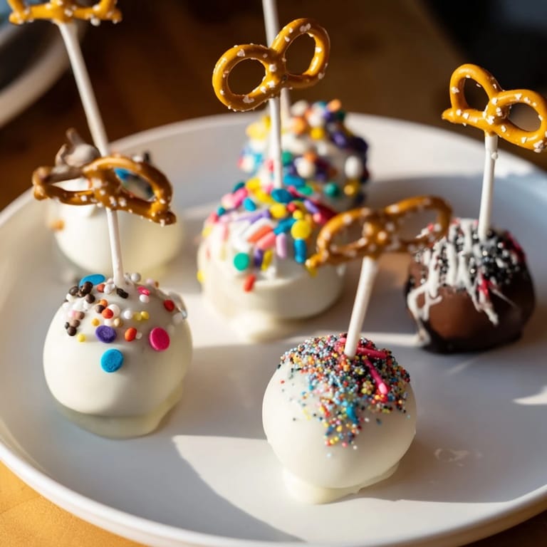Close-up of golden-dusted Ornament Ball Cake Pops, a delicious eye-catching treat made for sharing.