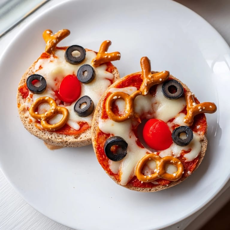 Melted mozzarella sparkles on reindeer face pizza bagels, featuring olives, cherry tomatoes, and pretzel antlers.