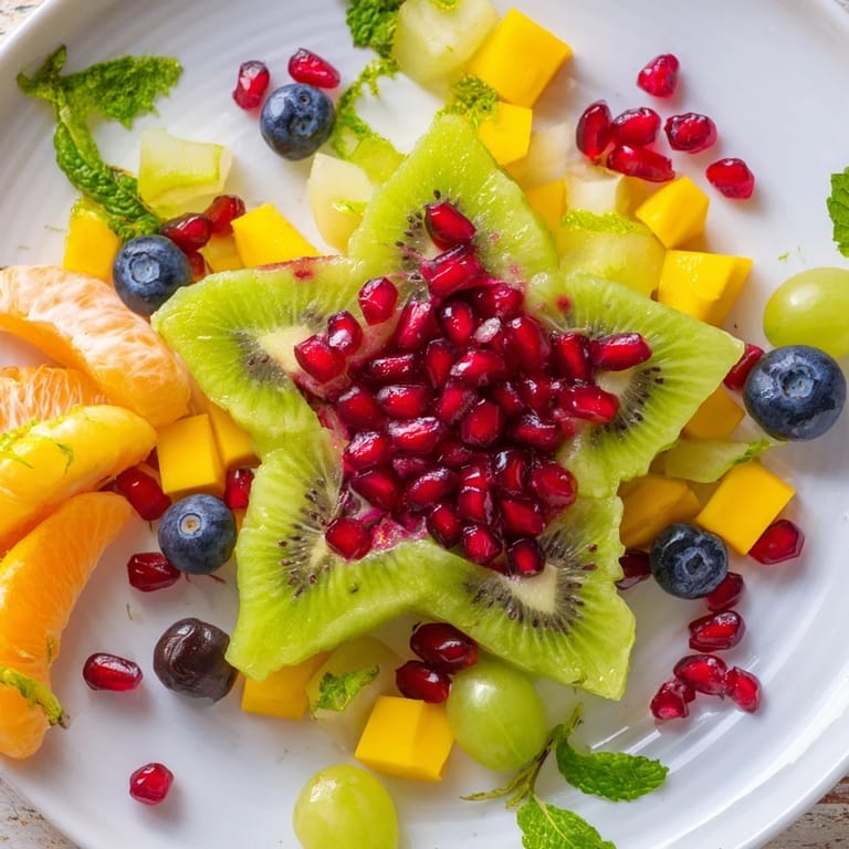 A beautiful close-up of the Pomegranate and Mint Star Fruit Platter, ready for brunch.