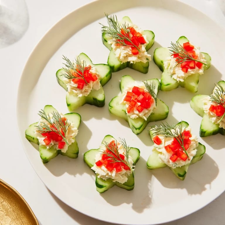 Freshly made Cucumber and Dill Christmas Stars appetizer, showcasing beautifully shaped cucumbers and a flavorful creamy filling.