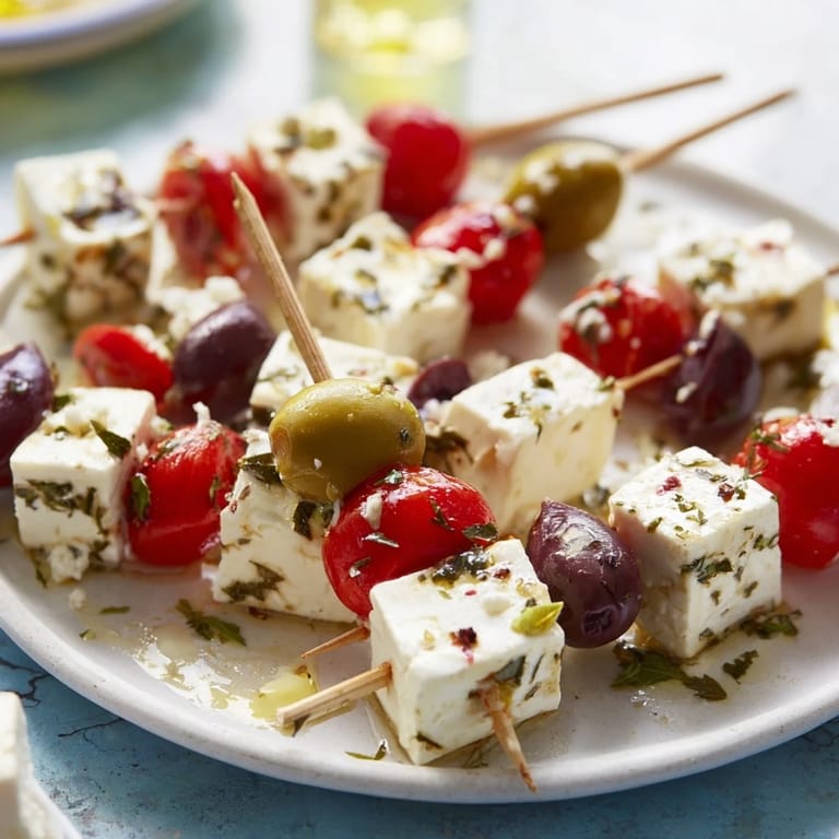 Mediterranean-inspired Holiday Cheers Olive and Feta Skewers: a colorful, easy appetizer perfect for entertaining guests.