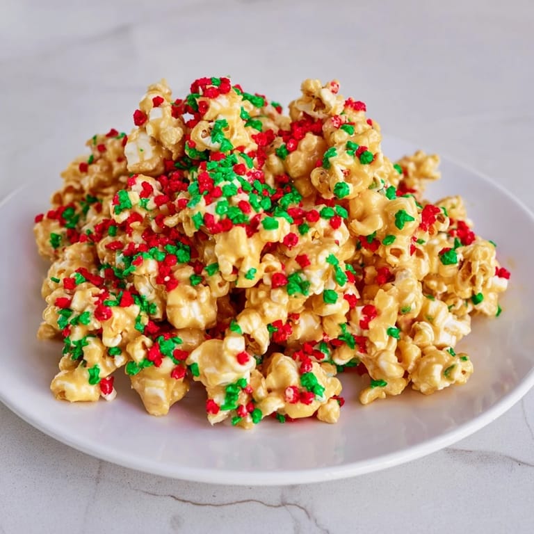 Perfect party snack: Warm popcorn piles, speckled with red and green sprinkles, easy to make and enjoy.