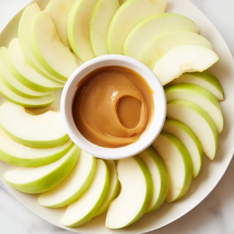 Close-up of apple slices with caramel dip, a sweet and delicious snack for all ages.