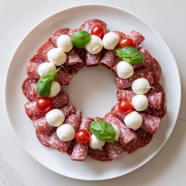 Easy folded salami wreath recipe showcases a delicious and vibrant charcuterie board centerpiece.
