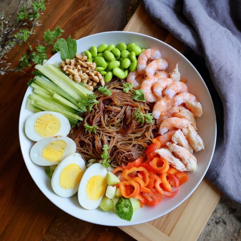 Delicious Asian Fusion Noodle Bowl Board with assorted sauces and garnished with fresh cilantro and toasted sesame seeds.