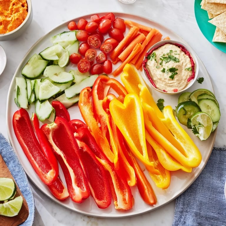 Vibrant Spicy Chili Pepper Fiesta, featuring tortilla chips, carrots, and dips, perfect for sharing and dipping.