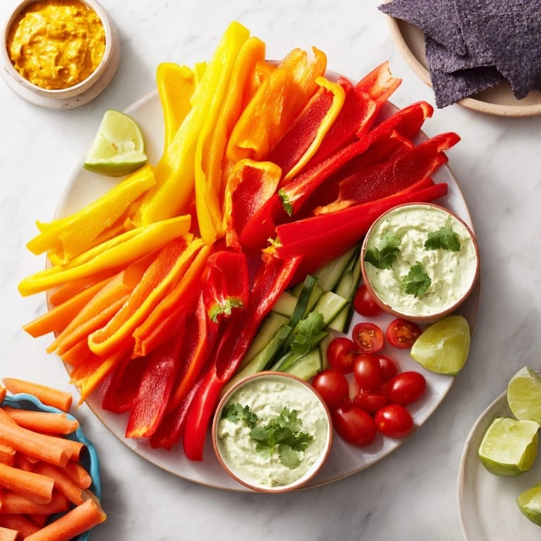 Freshly cut bell peppers and assorted chilies artfully arranged on a Spicy Chili Pepper Fiesta platter.