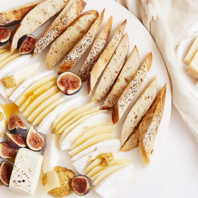 Taste the delightful French Bistro Elegance: creamy cheeses, fresh baguette, and sweet grapes on display.