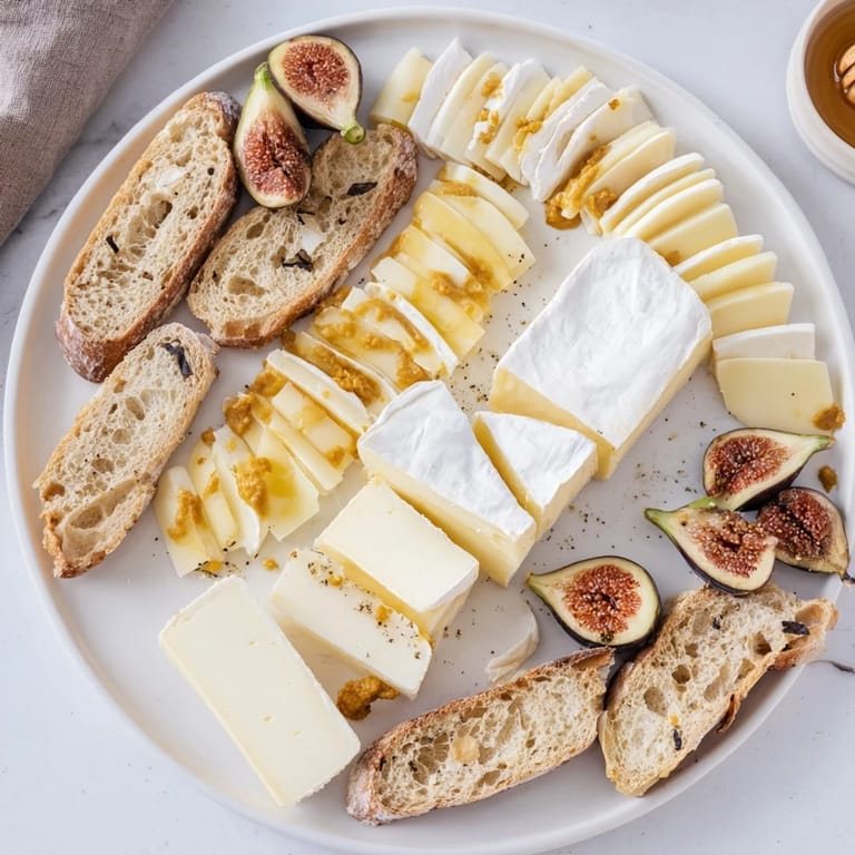 A beautiful platter of French Bistro Elegance: enjoy the flavors of Brie, Comté and Chèvre with honey.