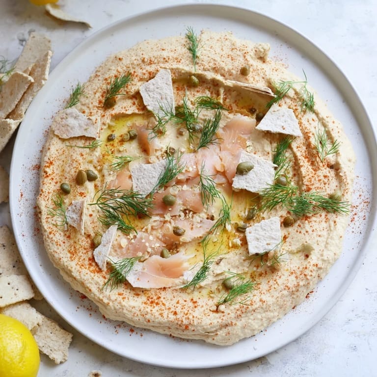 Appetizing "Driftwood Beach" with flaky smoked fish, vibrant garnishes, and hummus "shoreline".