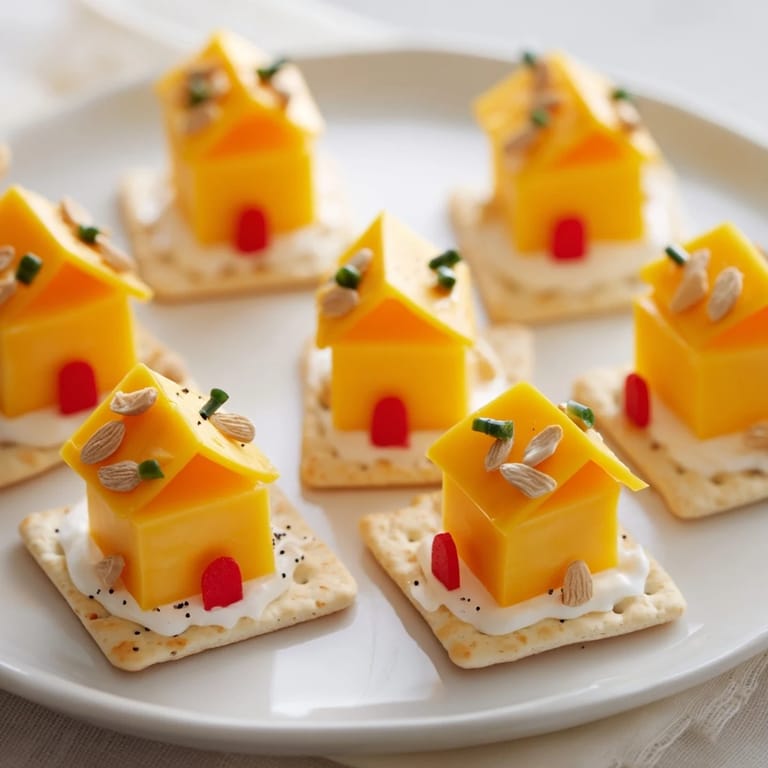 Adorable miniature cheese houses crafted for the Alpine Village appetizer sit on a cracker snowscape, ready to eat and enjoy.