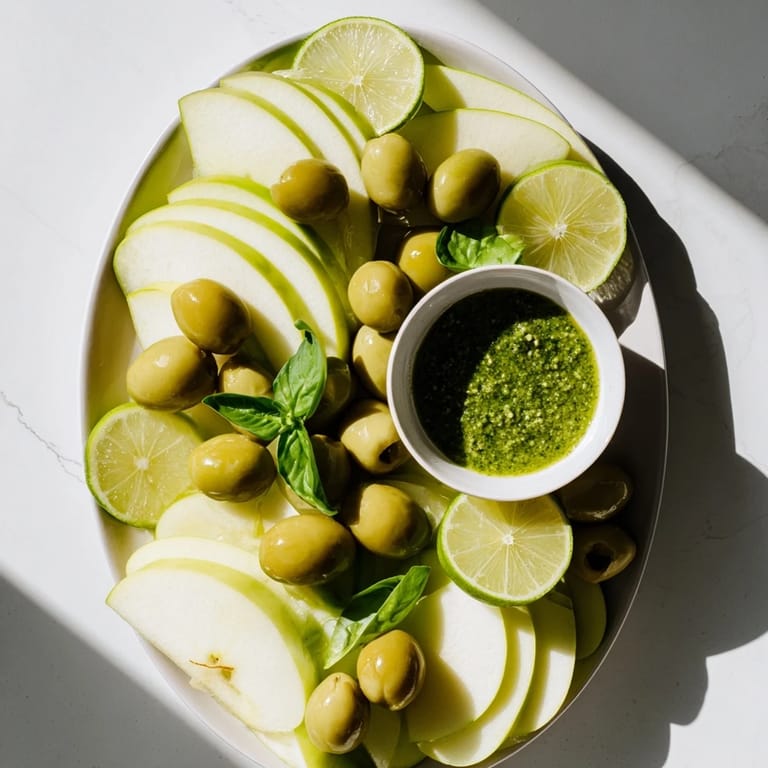 A beautiful The Emerald City board showcasing crisp green apples, pesto, and glistening green olives, perfect for sharing.