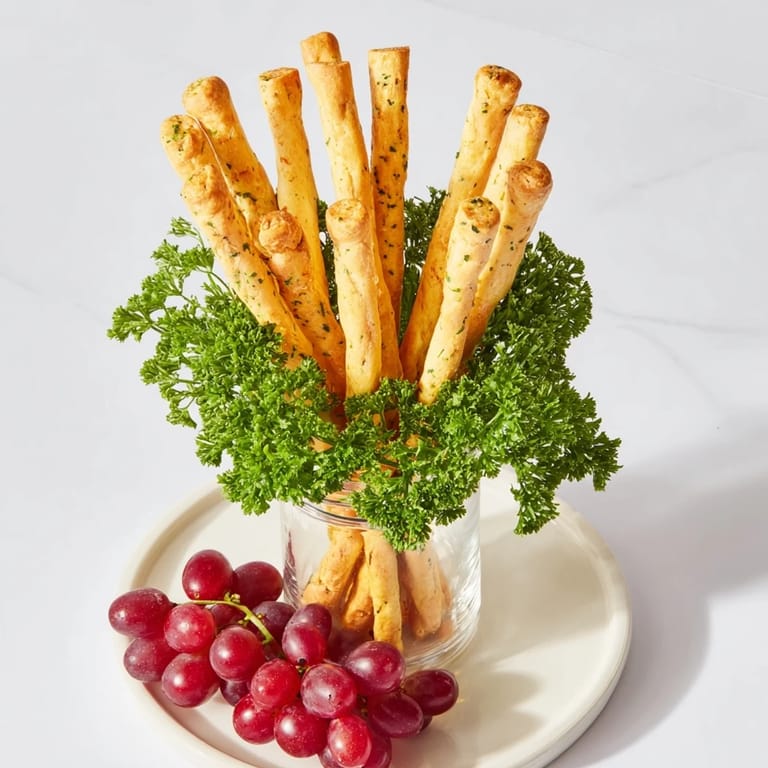 This "Vertical Forest" appetizer displays upright breadsticks surrounded by parsley and sweet grape clusters for guests.