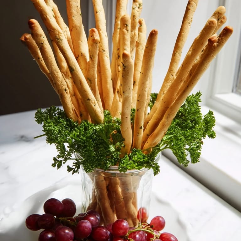 A stunning visual: upright breadsticks form The Vertical Forest, a party appetizer with grapes and greenery.