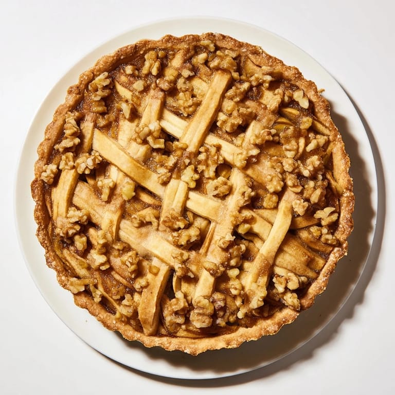 Close-up of a rustic Orchard dessert, showcasing a lattice of caramelized apple slices.