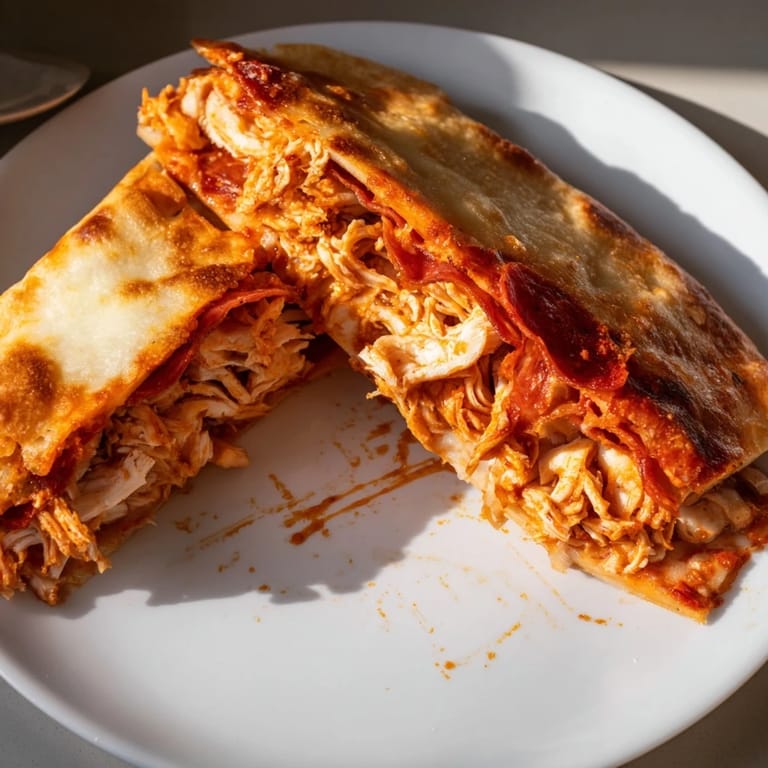 Golden brown crust encases the melty cheese and chicken in this hearty Leftover Pizza Grilled Cheese.