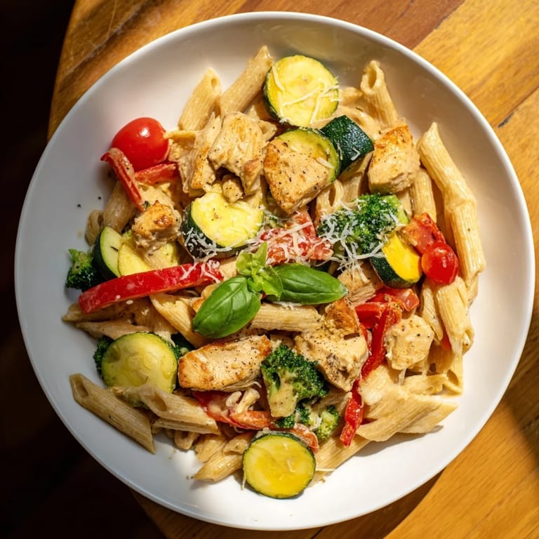 A visually enticing skillet of 5-4-3-2-1 Pasta Primavera featuring golden chicken and vibrant veggies.