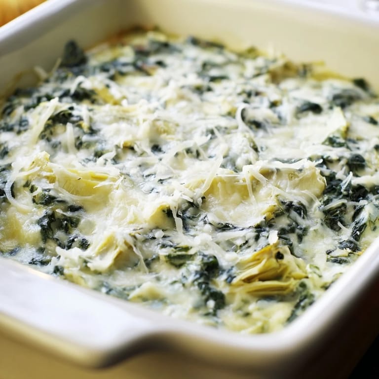 A close-up of creamy, golden Cheesy Spinach Artichoke Dip, perfect for a party appetizer.