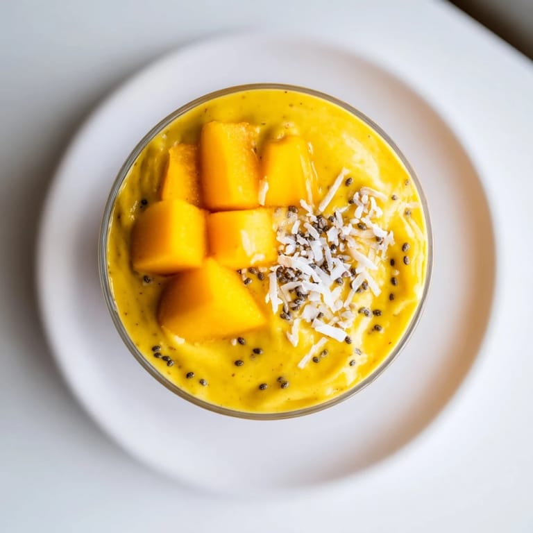 Refreshing view of a chilled Mango Turmeric Smoothie, showcasing its vibrant tropical hues and texture.