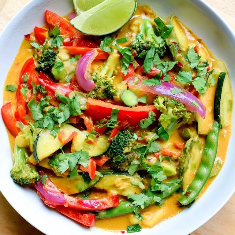 This beautiful bowl of Coconut Curry Vegetables features fresh cilantro and a bright lime wedge.
