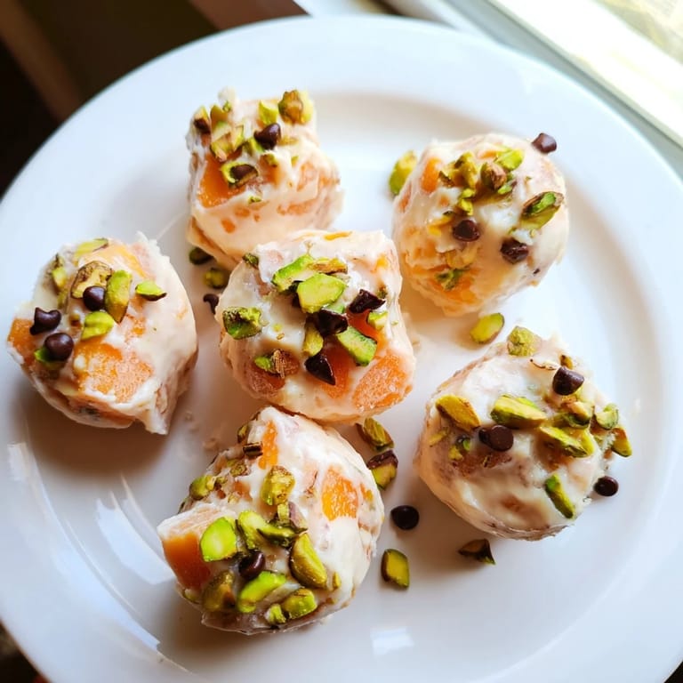 These homemade frozen peach yogurt bites look refreshing, boasting a vibrant peach color and smooth texture.