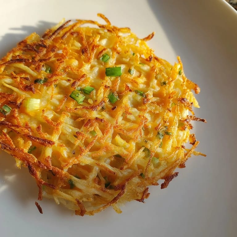 A close-up shot of hot, delicious Cheesy Hash Brown Waffles, ready to serve with fresh chives and hot sauce.