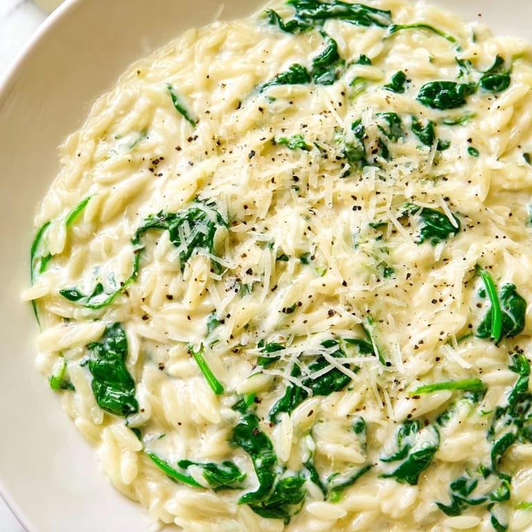 This creamy spinach orzo dish presents tender pasta in a rich, velvety sauce, a perfect dinner.