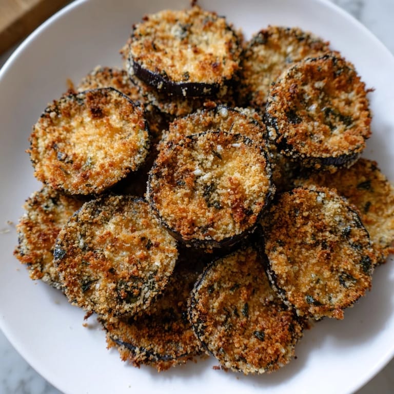 Close-up of baked, crunchy Eggplant Parmesan Chips, showing the parmesan-herb crust's detail.