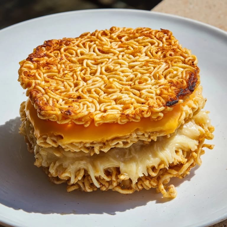 A close-up of a perfectly toasted Ramen Grilled Cheese, showing the delicious, melty cheese pull.