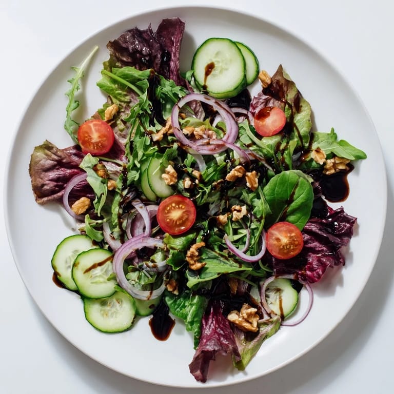 A close-up view of the Quick Balsamic Vinegar Salad with a glistening, tangy dressing drizzled over it.