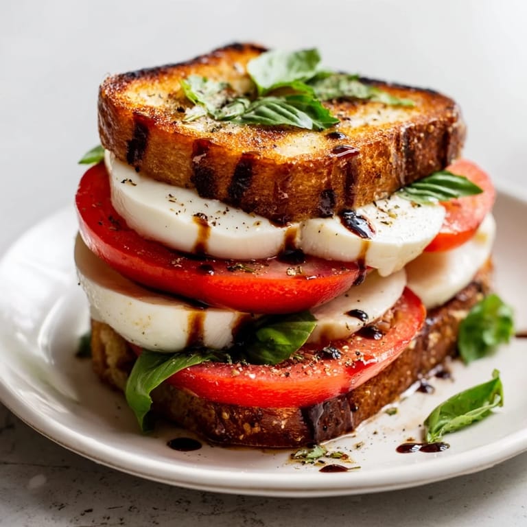 Delicious Caprese Salad Grilled Cheese: a warm, cheesy sandwich oozing with fresh basil and balsamic.