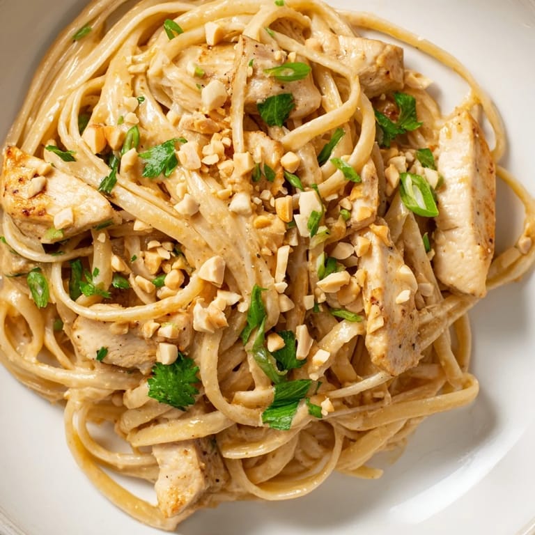Tender chicken and pasta coated in savory Thai Peanut Chicken Pasta, garnished with fresh herbs and peanuts.