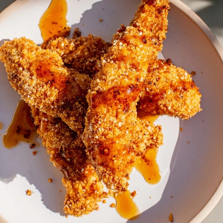 A close-up of perfectly cooked crispy panko chicken tenders, contrasting heat and sweet hot honey.