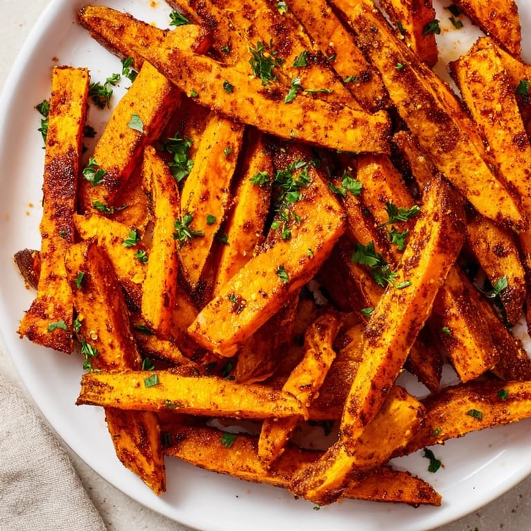 Savory Cajun spiced sweet potato fries with hints of paprika, served warm as a side.