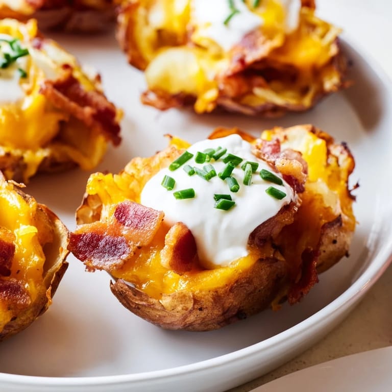 Golden-brown Loaded baked potato skins, perfect for an appetizer, are piled high with toppings.