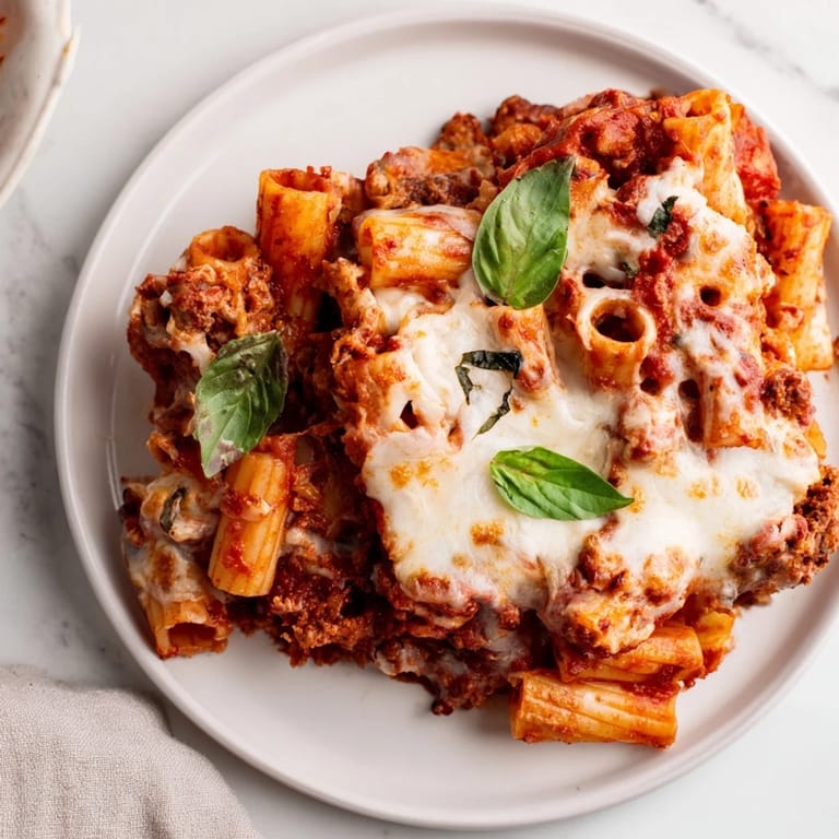 Fragrant, cheesy baked ziti fresh from the oven, with a bubbling red marinara sauce.