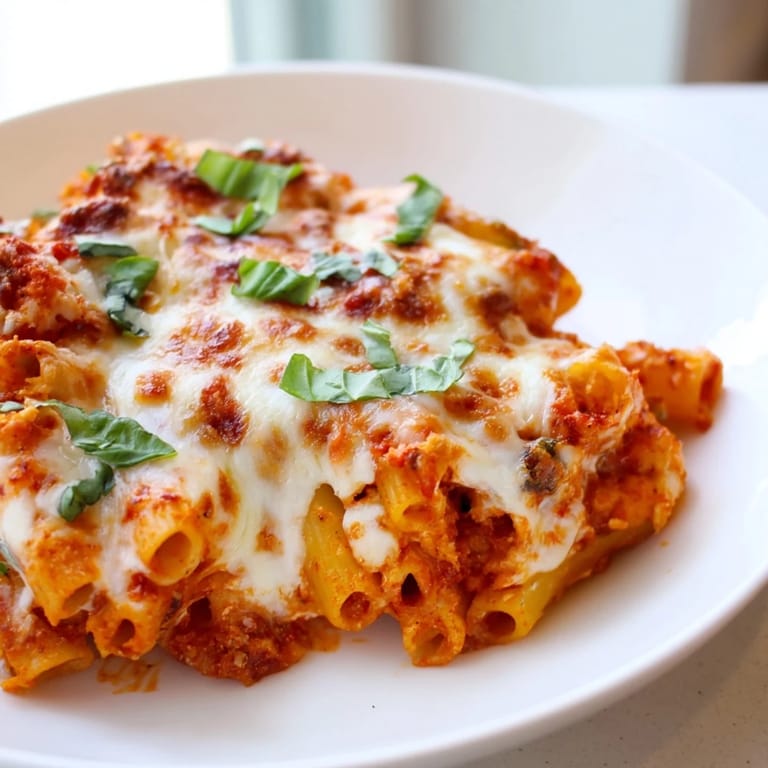 A close-up of cheesy baked ziti topped with melted mozzarella, perfect for a hearty vegetarian meal.