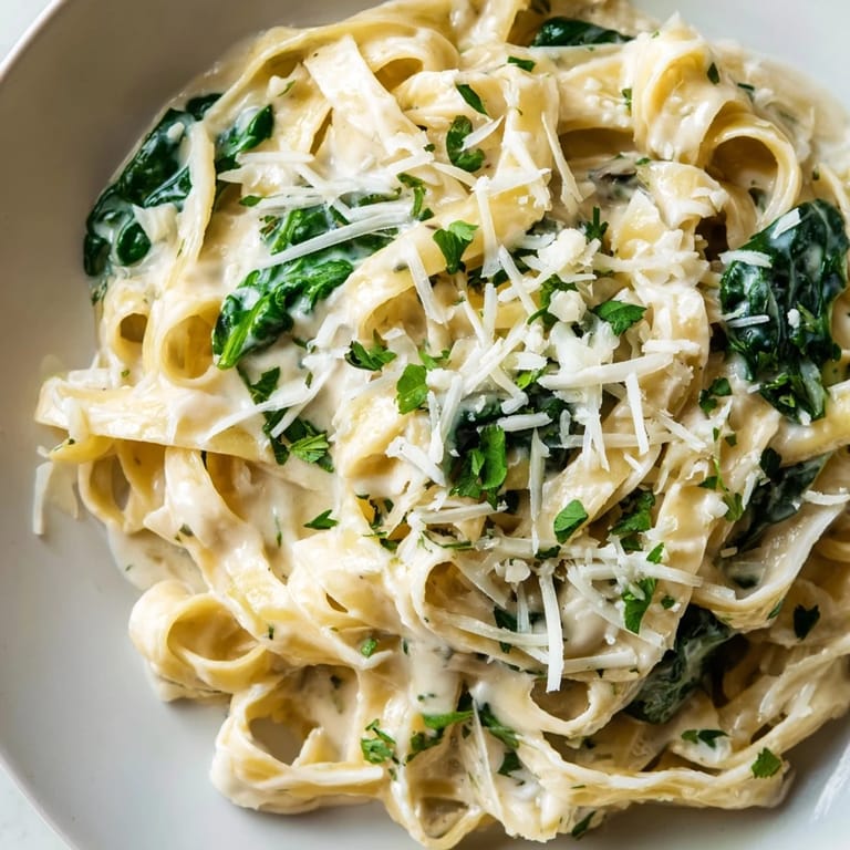 Enjoy a forkful of this delicious Creamy Spinach Fettuccine Alfredo, a delightful vegetarian meal ready in minutes.