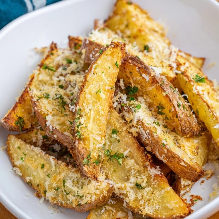 Close-up of freshly baked Rosemary Parmesan Potato Wedges, seasoned and aromatic, ideal side.