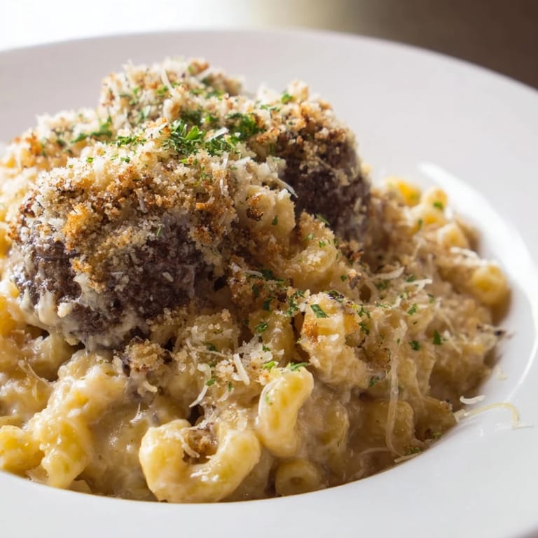 A warm, delicious view: A baked Mac & Cheese Meatball Bake, ready to serve with parsley garnish.