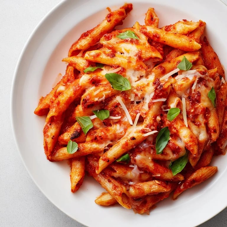 A close-up of steaming Baked Penne Arrabbiata, showcasing the spicy tomato sauce and fresh basil.