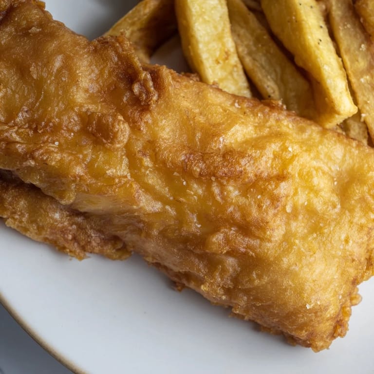 Imagine biting into this flavorful British fish and chips, served with a squeeze of zesty lemon.