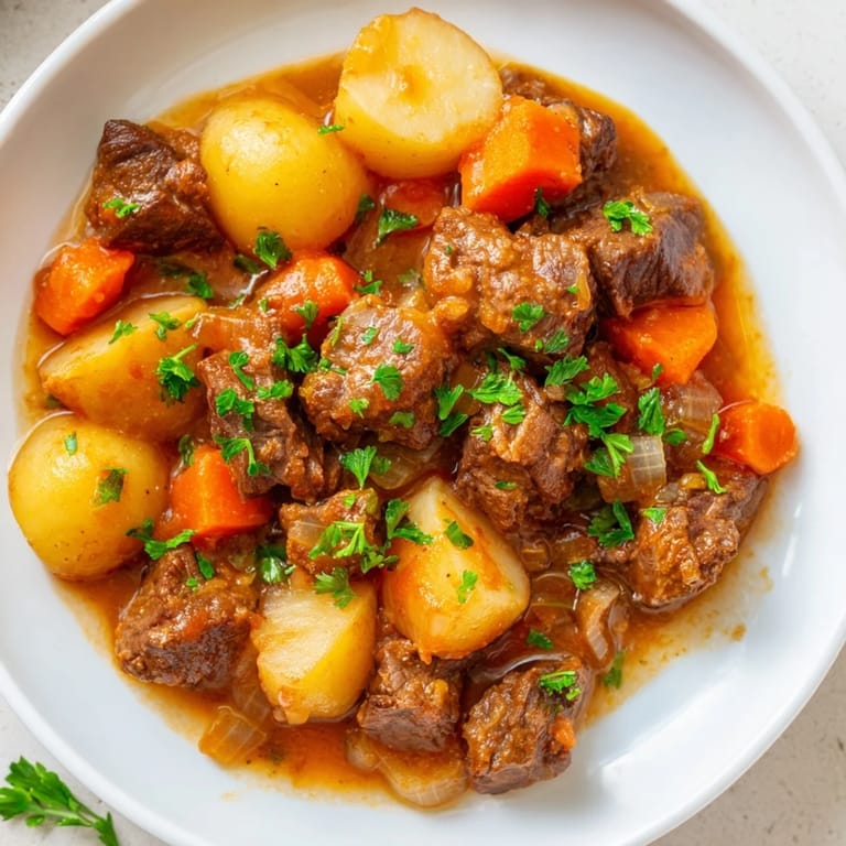 Homemade Irish beef stew, perfect for dinner, bubbling in a Dutch oven with herbs and beef.